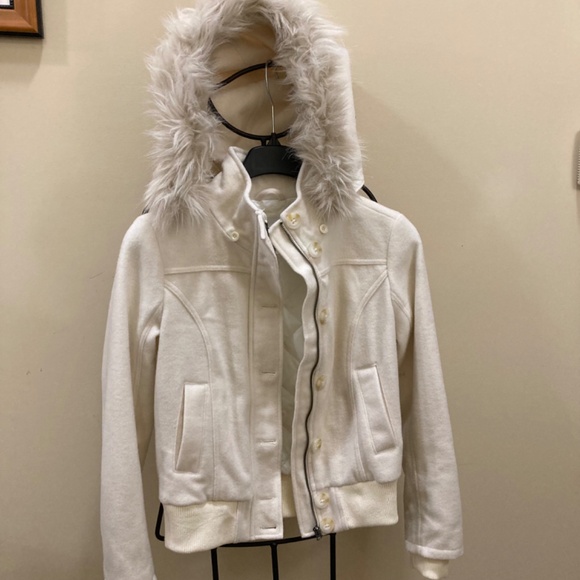 NWT Aeropostale Fur Trimmed Hooded Wool Jacket, size M, Ivory - Picture 12 of 12